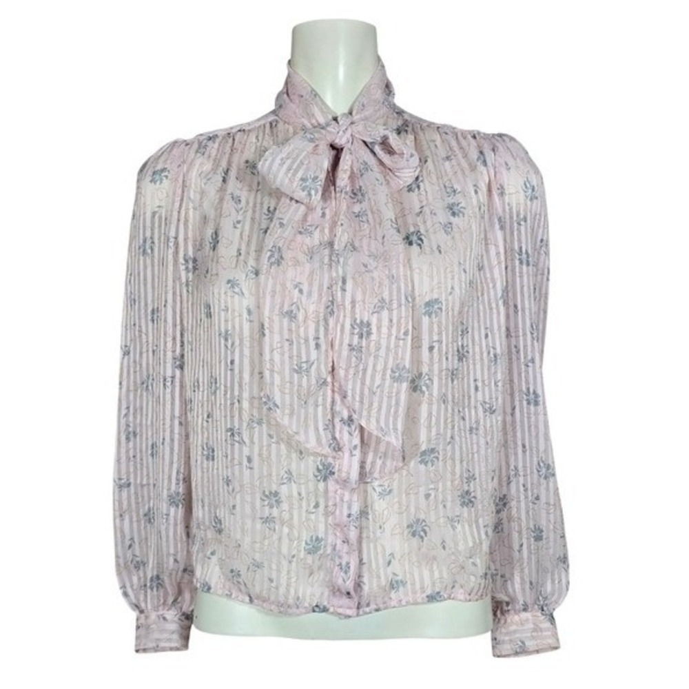 Helene St. Marie Women's Vintage Pussycat Bow Blouse Floral Stripe Pink 4